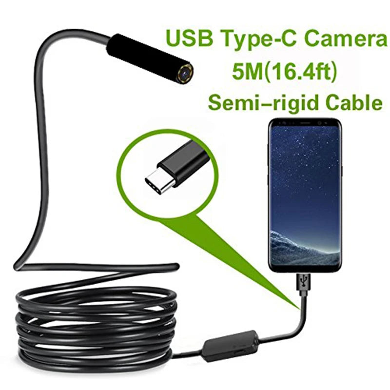USB-C Endoscope Inspection Camera - 7mm Hard Cable, IP67 Waterproof