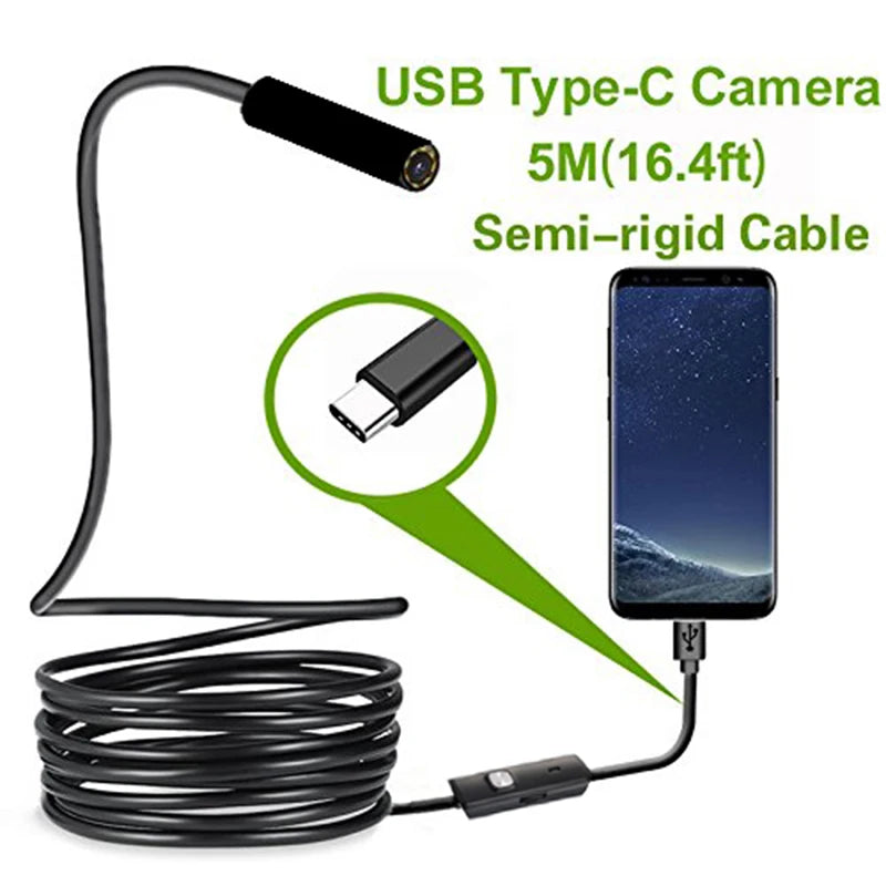 USB-C Endoscope Inspection Camera - 7mm Hard Cable, IP67 Waterproof