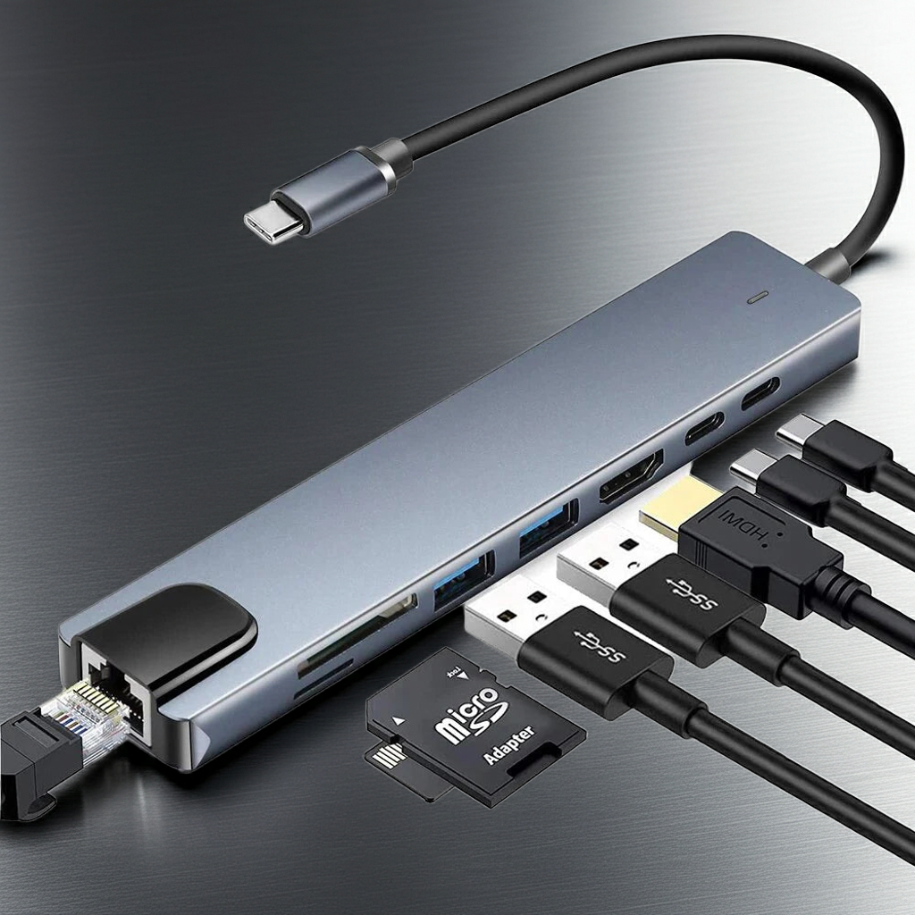 8-in-1 USB-C Hub Docking Station - 4K HDMI, RJ45, PD 100W, SD/TF