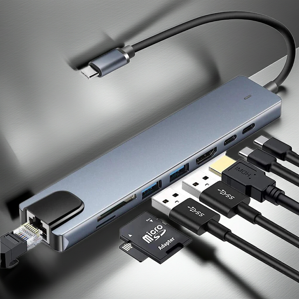 8-in-1 USB-C Hub Docking Station - 4K HDMI, RJ45, PD 100W, SD/TF