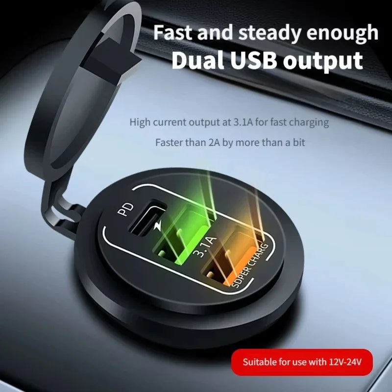4-Port Dual PD & QC3.0 Car Charger with Voltmeter - 83W, 12V/24V
