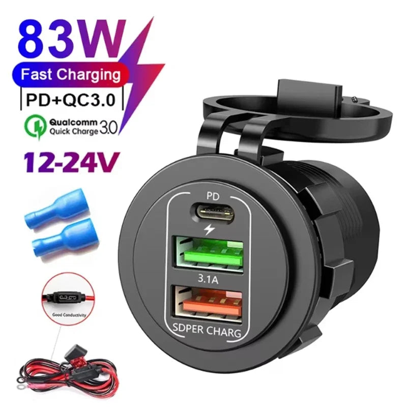 4-Port Dual PD & QC3.0 Car Charger with Voltmeter - 83W, 12V/24V