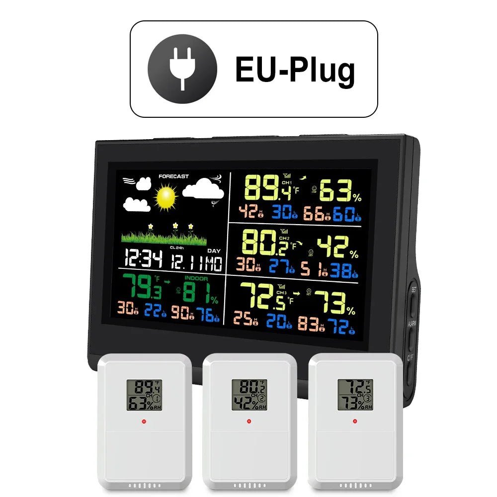 Smart Wireless Weather Station with 3 Sensors Large Color Display Indoor Outdoor Digital Thermometer Hygrometer for Home Office