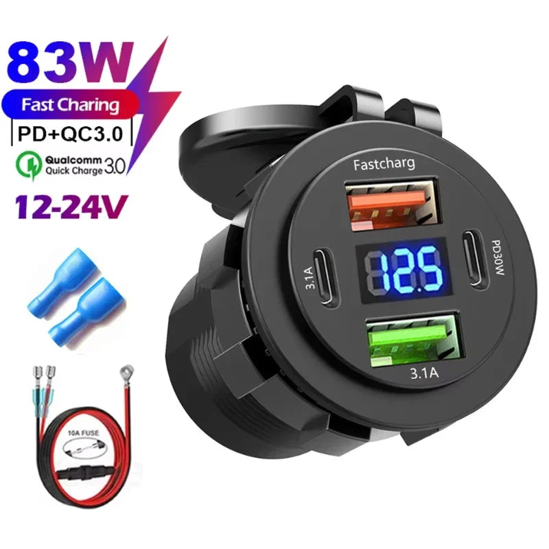 4-Port Dual PD & QC3.0 Car Charger with Voltmeter - 83W, 12V/24V