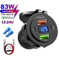 4-Port Dual PD & QC3.0 Car Charger with Voltmeter - 83W, 12V/24V