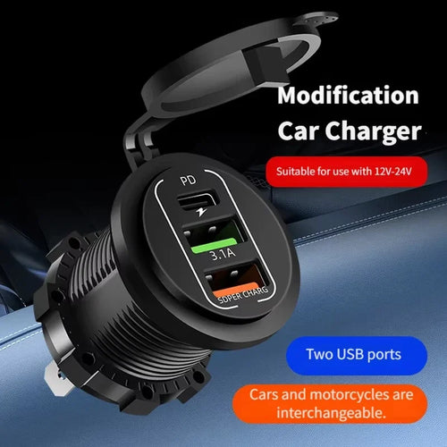 4-Port Dual PD & QC3.0 Car Charger with Voltmeter - 83W, 12V/24V