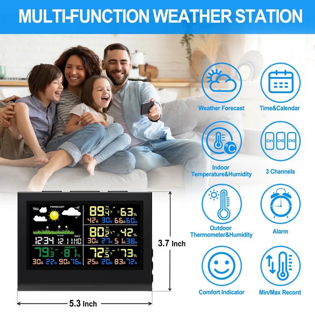 Smart Wireless Weather Station with 3 Sensors Large Color Display Indoor Outdoor Digital Thermometer Hygrometer for Home Office