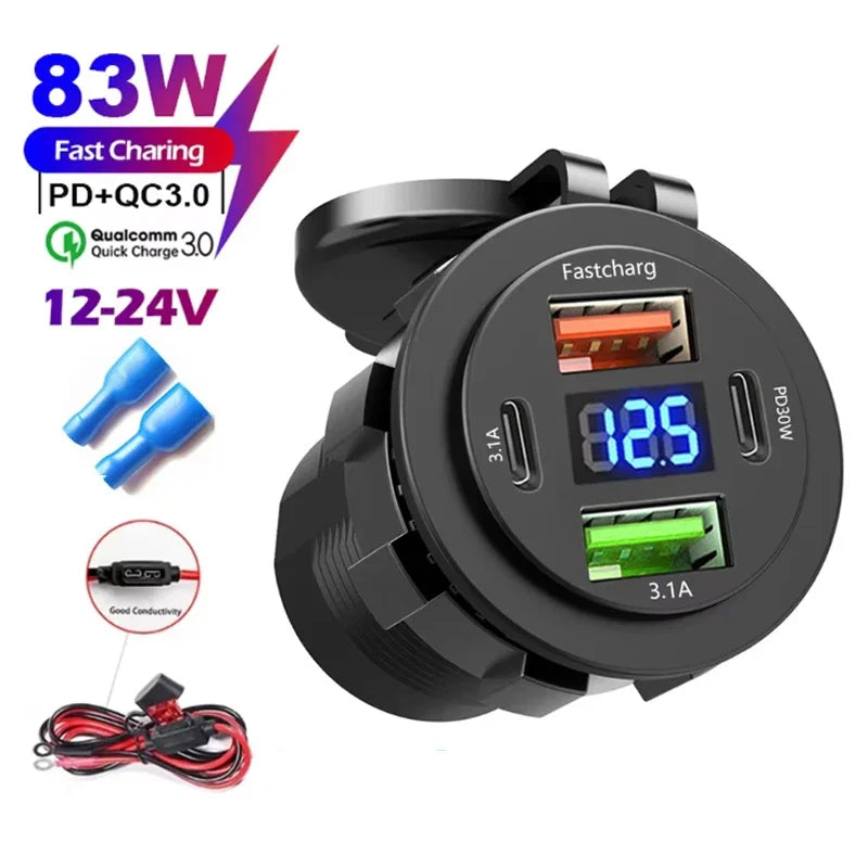 4-Port Dual PD & QC3.0 Car Charger with Voltmeter - 83W, 12V/24V