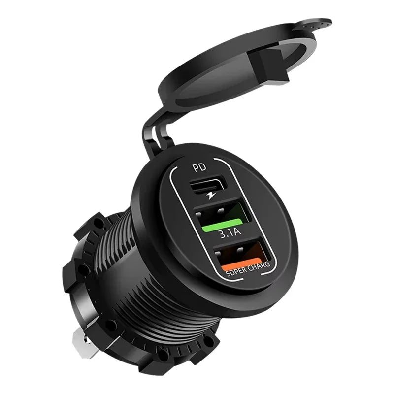 4-Port Dual PD & QC3.0 Car Charger with Voltmeter - 83W, 12V/24V