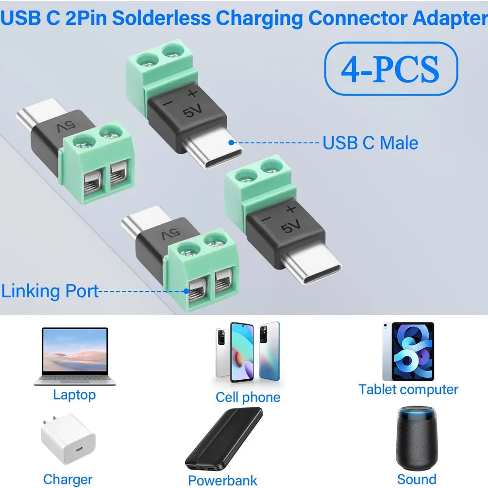 USB-C to 2-Pin No-Solder Quick Connect Terminal Adapter - 5 Pack