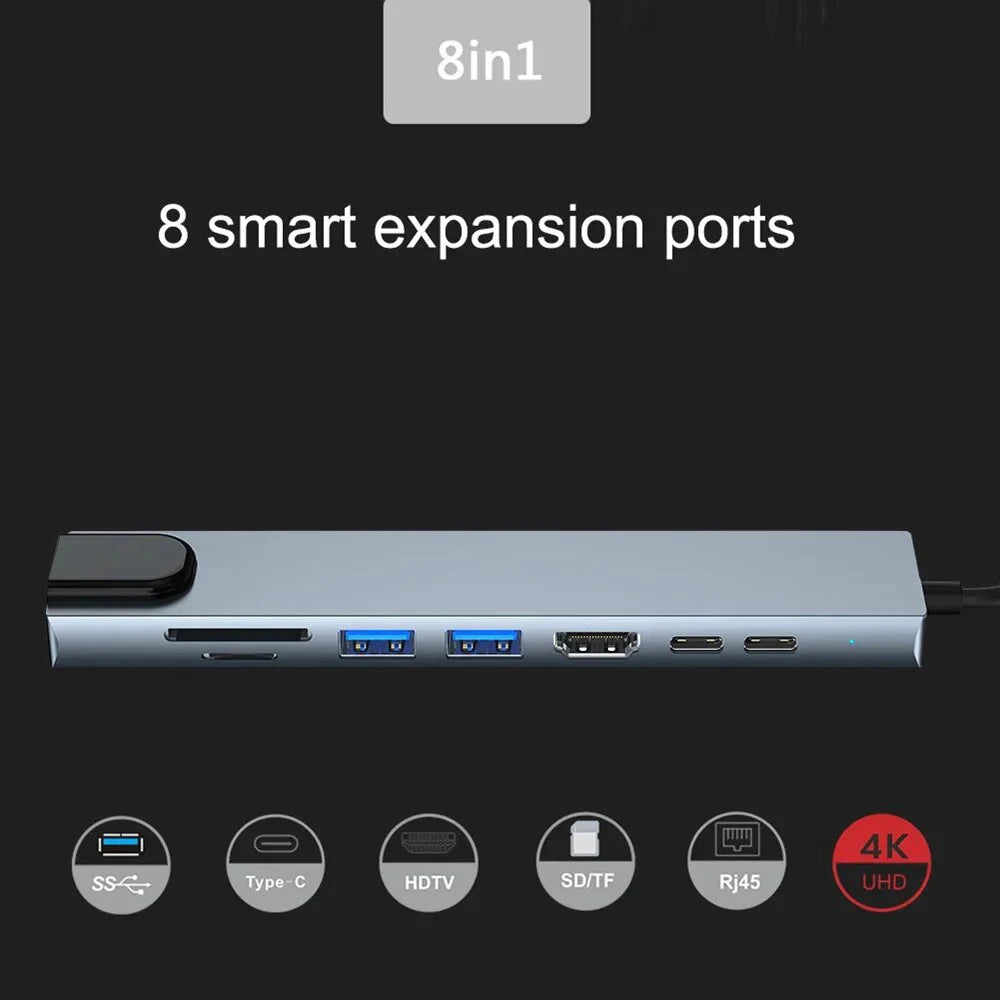 8-in-1 USB-C Hub Docking Station - 4K HDMI, RJ45, PD 100W, SD/TF