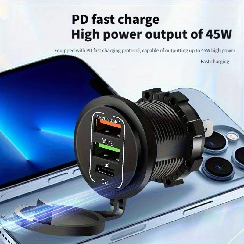 4-Port Dual PD & QC3.0 Car Charger with Voltmeter - 83W, 12V/24V