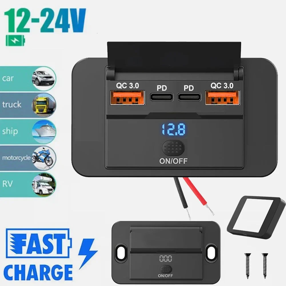 Car Charger Socket Adapter with Switch - PD & QC3.0, 12V/24V, 96W