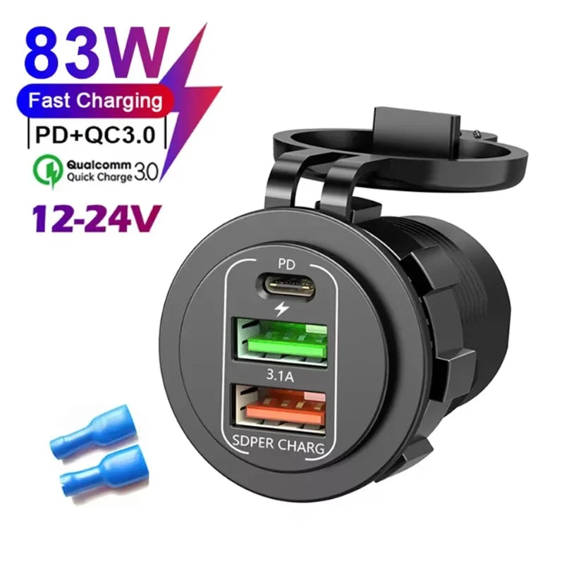 4-Port Dual PD & QC3.0 Car Charger with Voltmeter - 83W, 12V/24V
