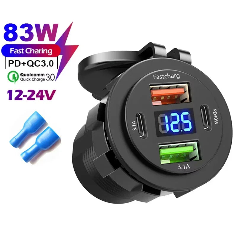 4-Port Dual PD & QC3.0 Car Charger with Voltmeter - 83W, 12V/24V