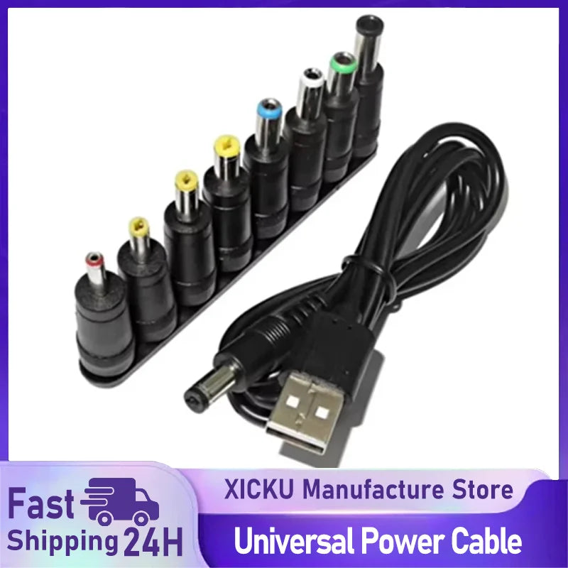 Universal USB to DC 5.5mm Power Cable — 8 Connector Tips, 5V
