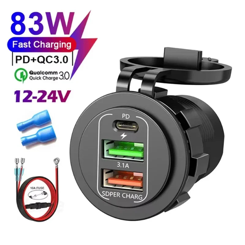 4-Port Dual PD & QC3.0 Car Charger with Voltmeter - 83W, 12V/24V