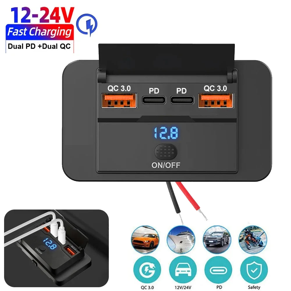 Car Charger Socket Adapter with Switch - PD & QC3.0, 12V/24V, 96W