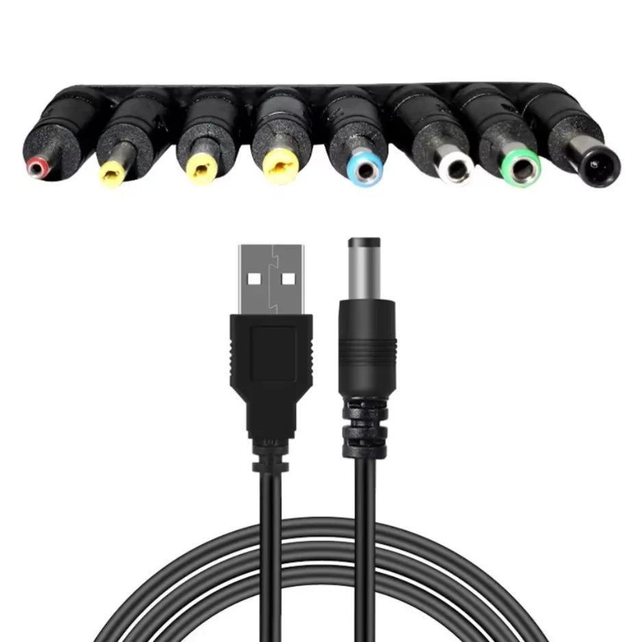 Universal USB to DC 5.5mm Power Cable — 8 Connector Tips, 5V