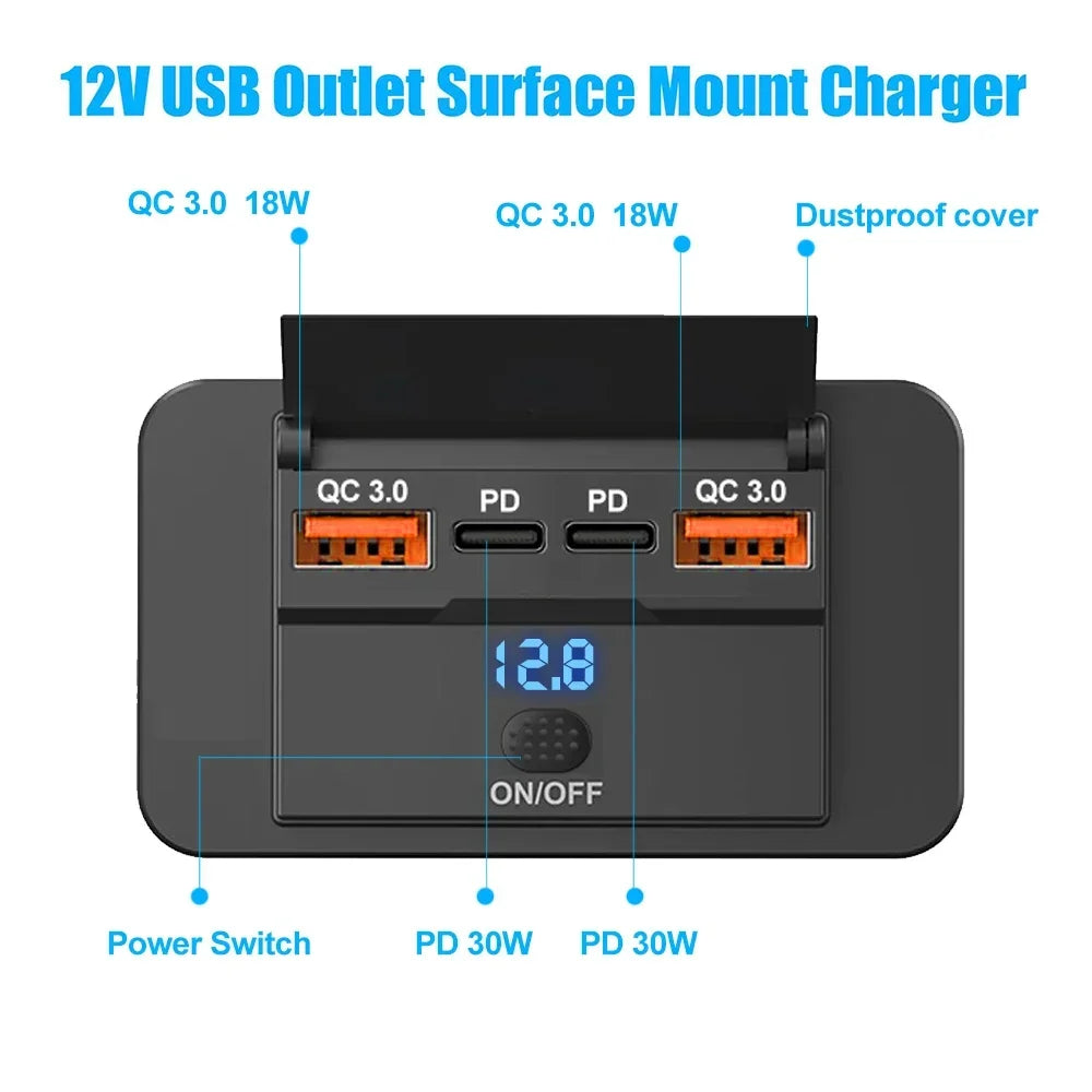 Car Charger Socket Adapter with Switch - PD & QC3.0, 12V/24V, 96W