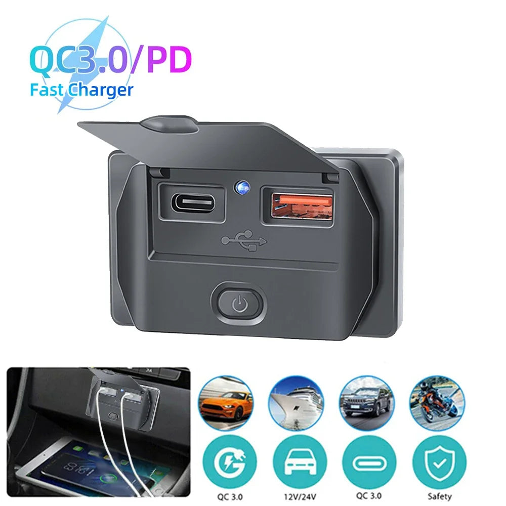 Car Charger Socket Adapter with Switch - PD & QC3.0, 12V/24V, 96W