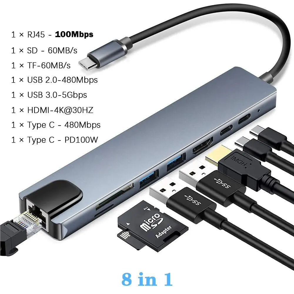 8-in-1 USB-C Hub Docking Station - 4K HDMI, RJ45, PD 100W, SD/TF