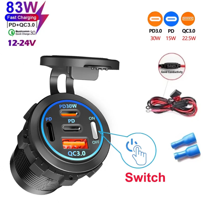 4-Port Dual PD & QC3.0 Car Charger with Voltmeter - 83W, 12V/24V