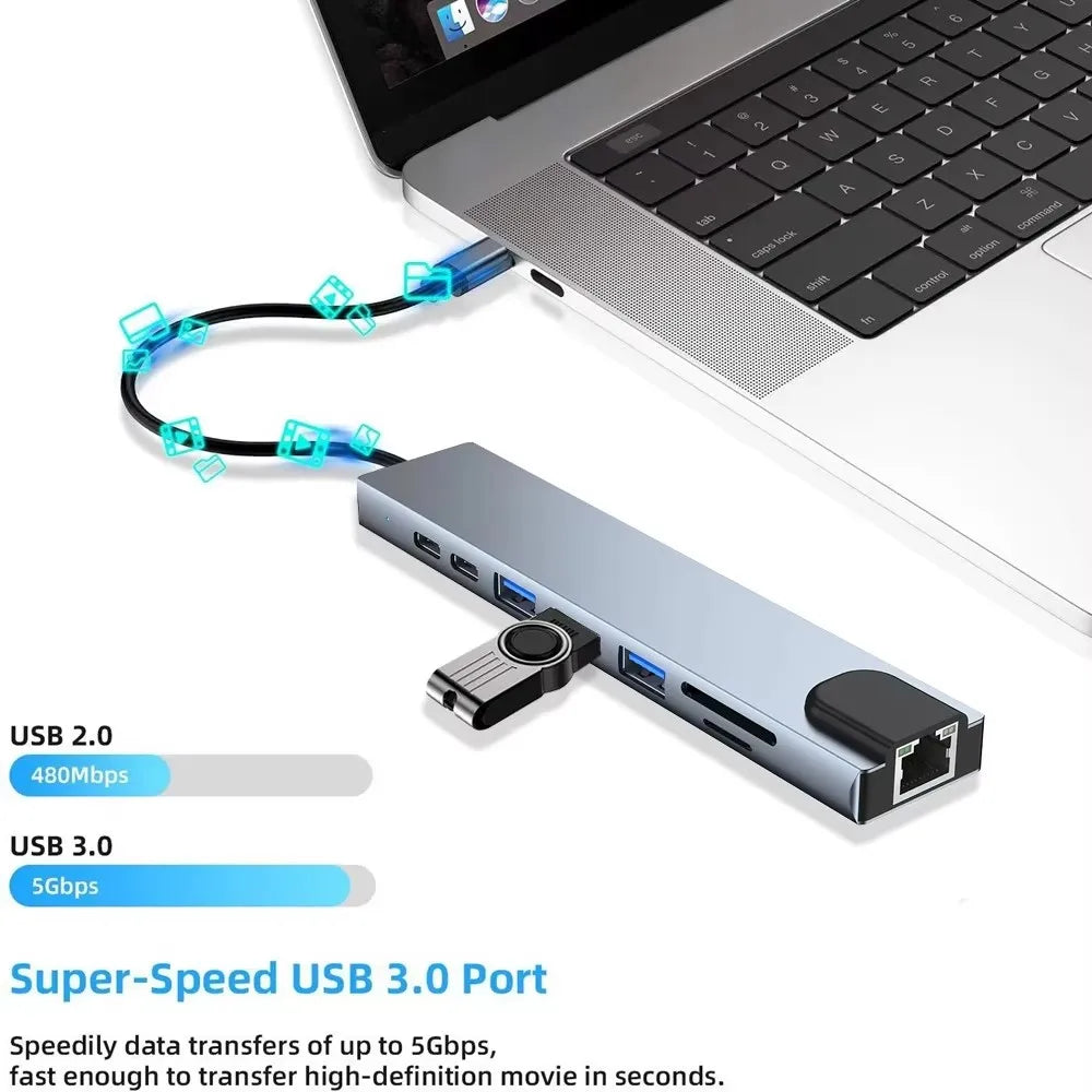 8-in-1 USB-C Hub Docking Station - 4K HDMI, RJ45, PD 100W, SD/TF