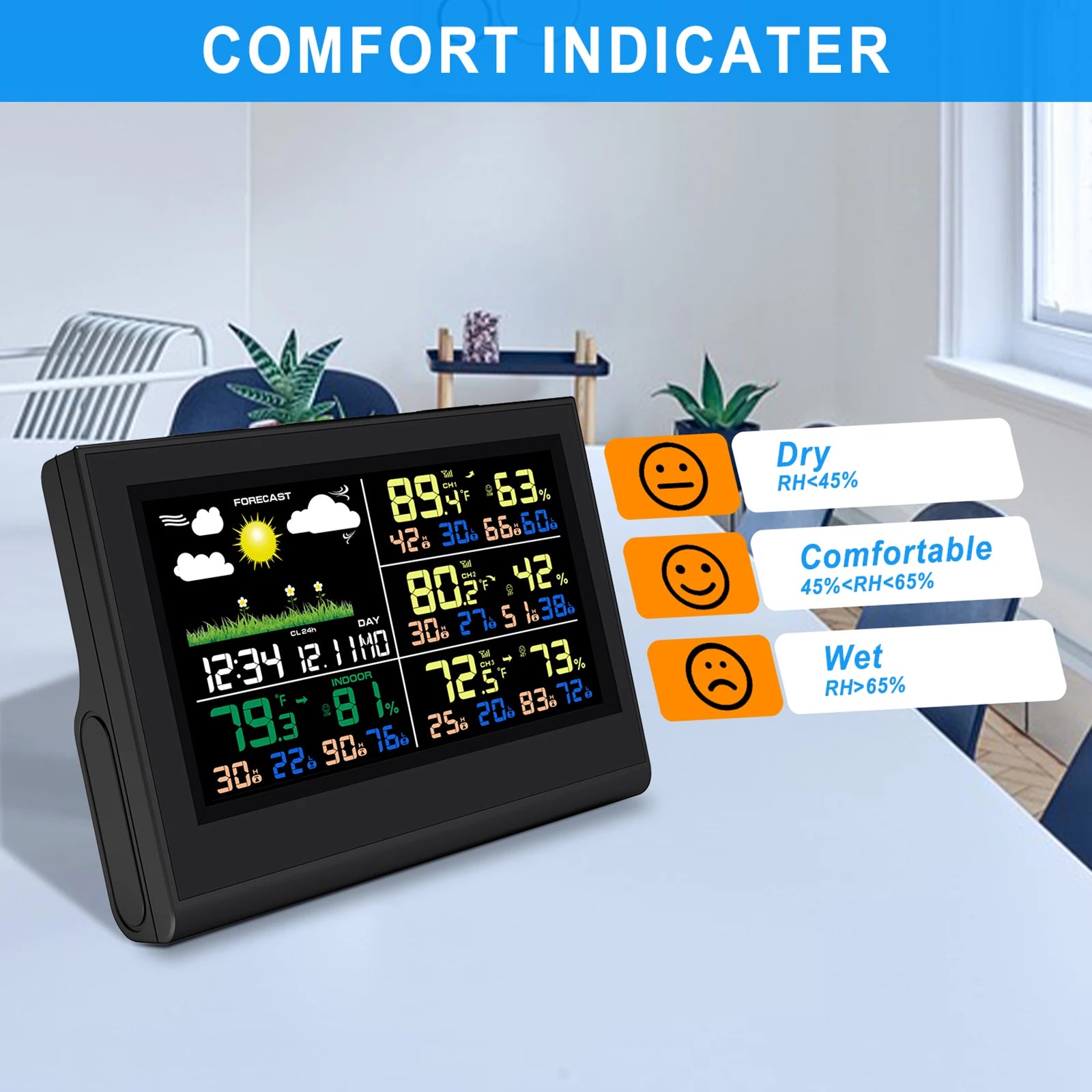 Smart Wireless Weather Station with 3 Sensors Large Color Display Indoor Outdoor Digital Thermometer Hygrometer for Home Office
