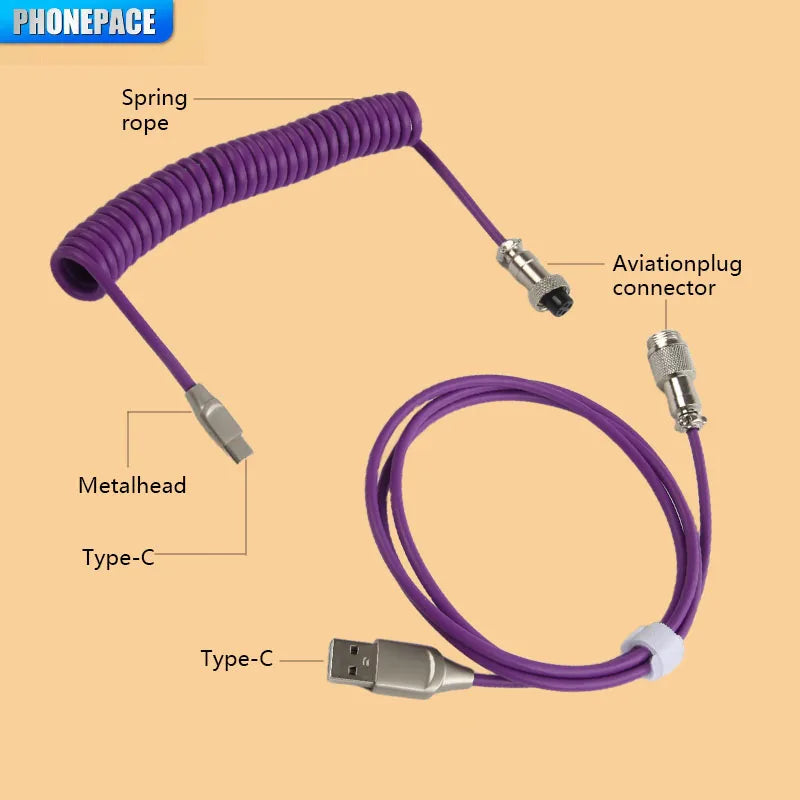 Mechanical Keyboard Coiled USB-C Cable with Aviator Connector - Up to 3M