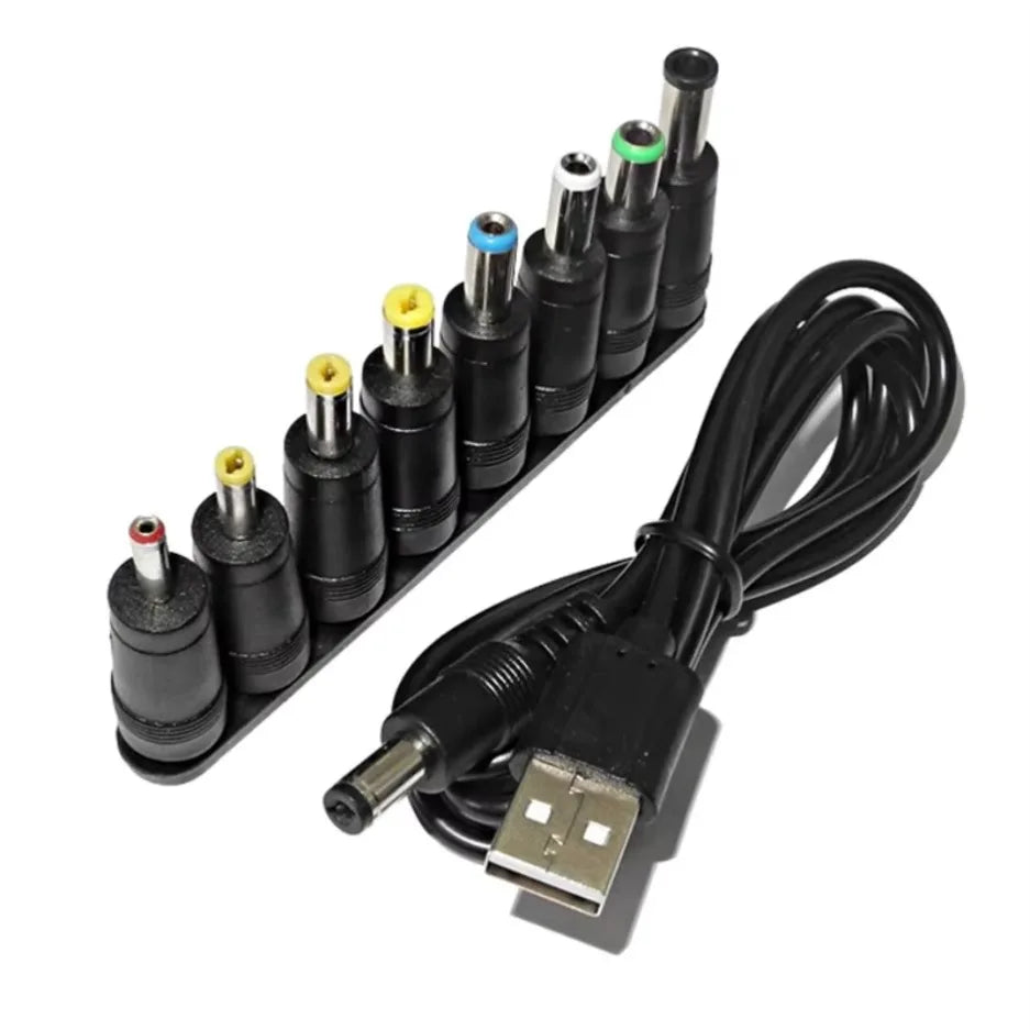 Universal USB to DC 5.5mm Power Cable — 8 Connector Tips, 5V