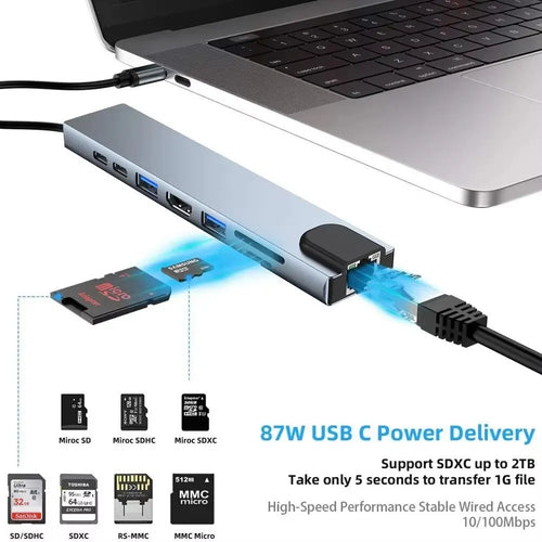 8-in-1 USB-C Hub Docking Station - 4K HDMI, RJ45, PD 100W, SD/TF