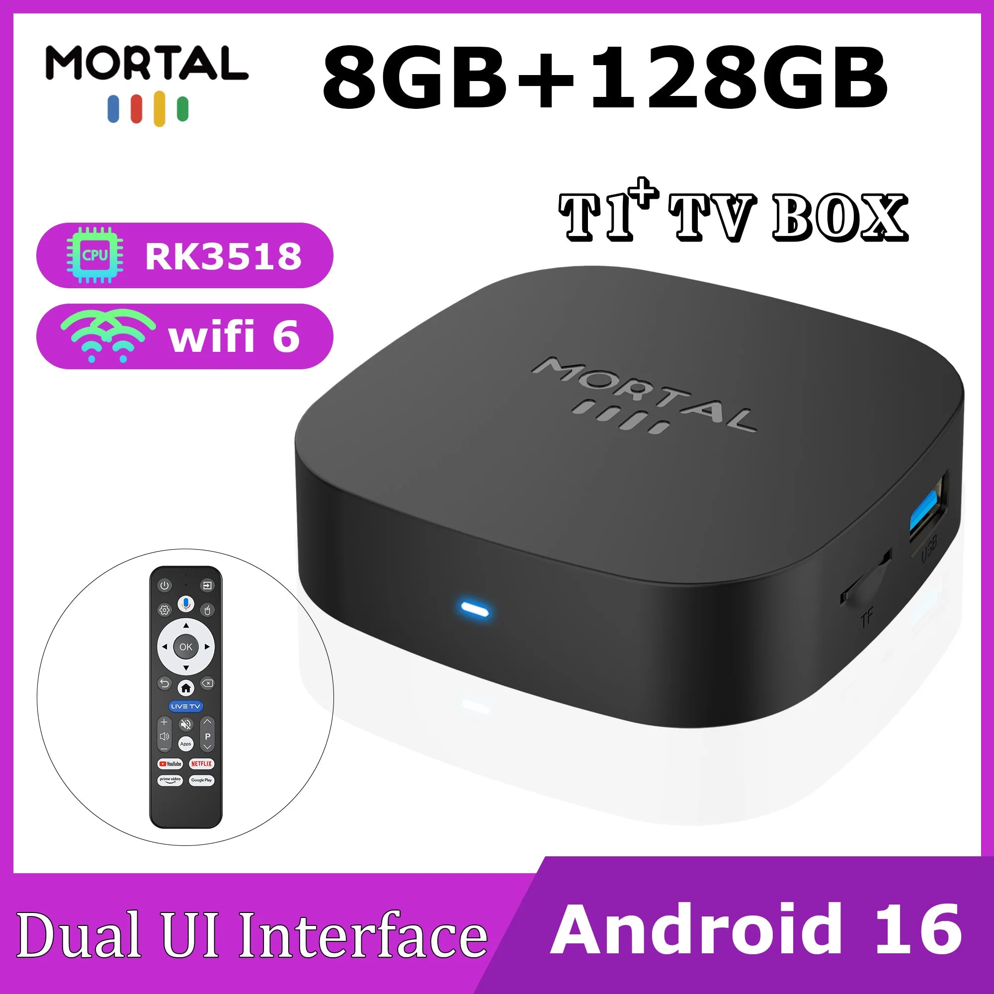 T1+ Smart TV Box Android 16 — 8K Ultra HD, WiFi 6, 8GB RAM, 128GB