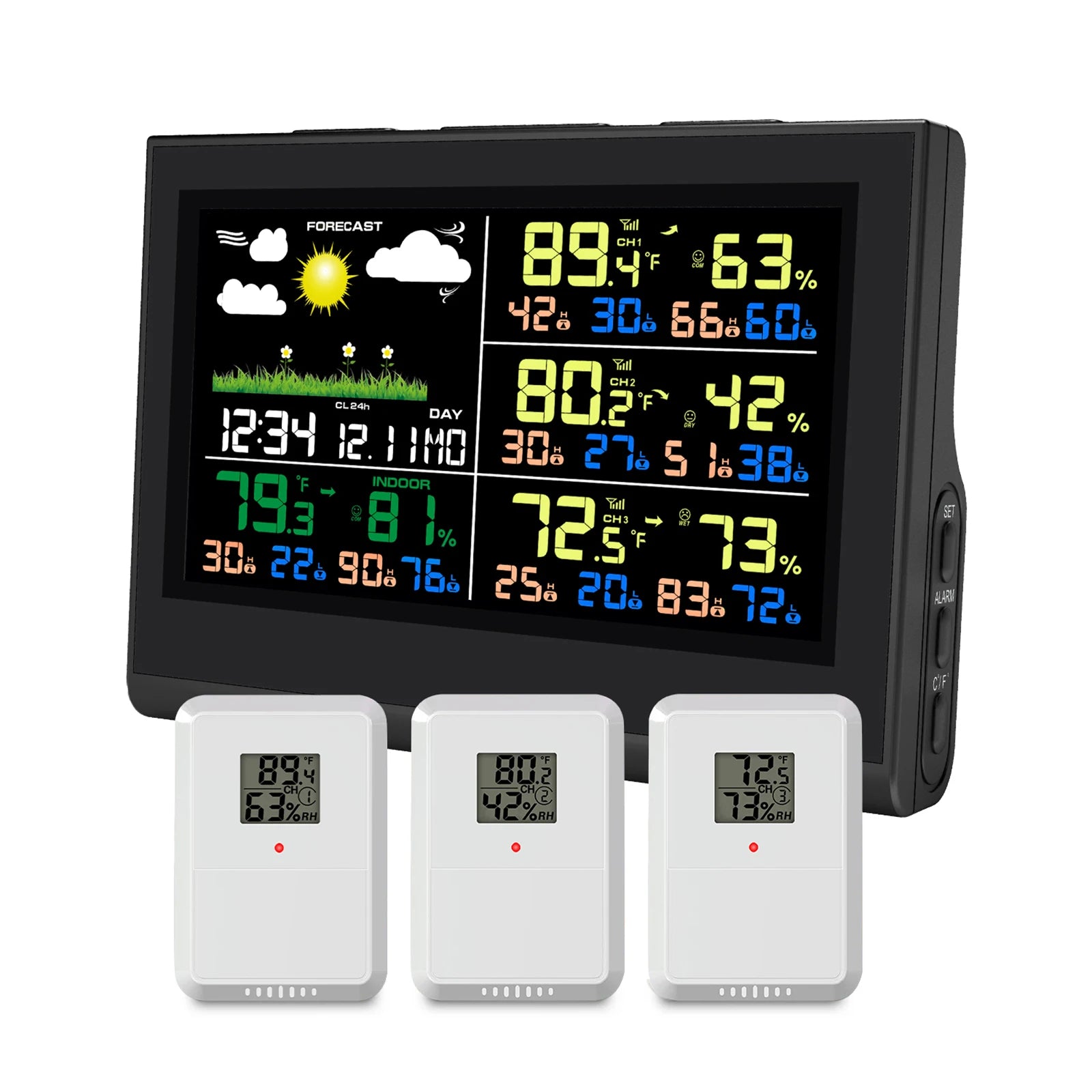 Smart Wireless Weather Station with 3 Sensors Large Color Display Indoor Outdoor Digital Thermometer Hygrometer for Home Office