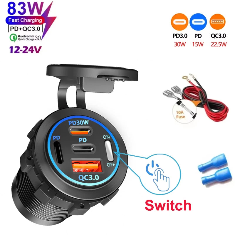 4-Port Dual PD & QC3.0 Car Charger with Voltmeter - 83W, 12V/24V