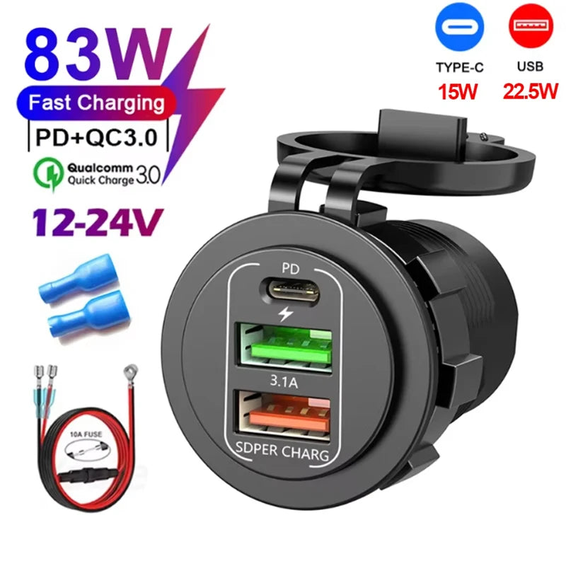 4-Port Dual PD & QC3.0 Car Charger with Voltmeter - 83W, 12V/24V