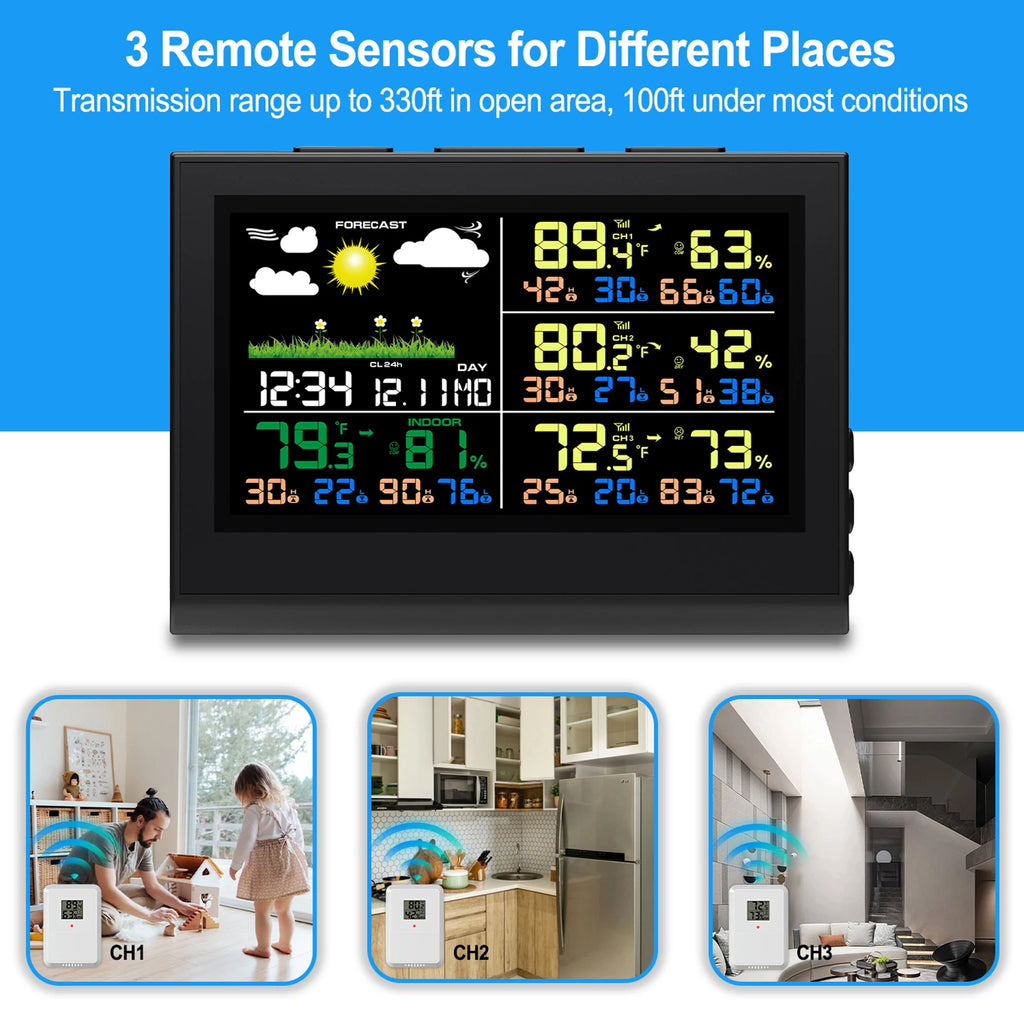 Smart Wireless Weather Station with 3 Sensors Large Color Display Indoor Outdoor Digital Thermometer Hygrometer for Home Office