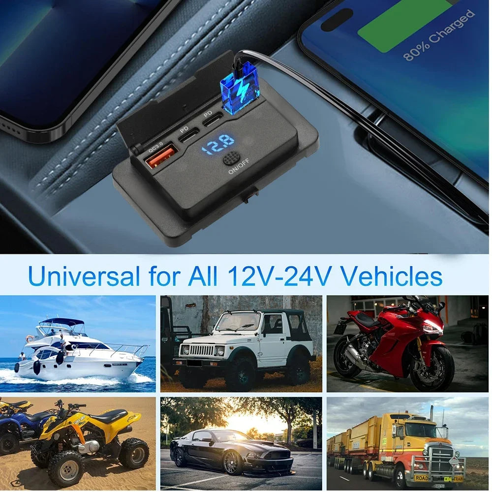 Car Charger Socket Adapter with Switch - PD & QC3.0, 12V/24V, 96W