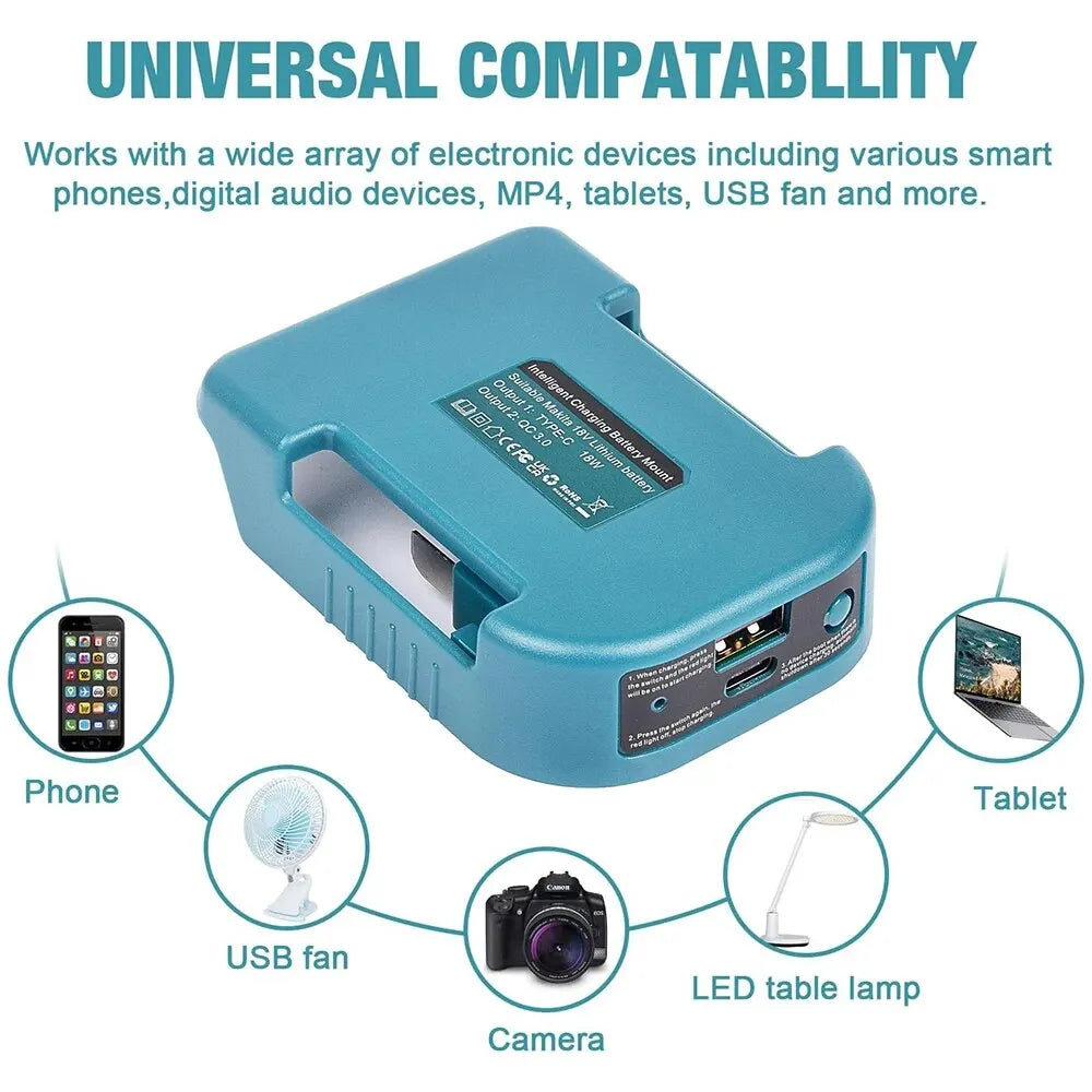 Makita 18V Battery USB & USB-C Power Adapter - Portable Charger for Job Site