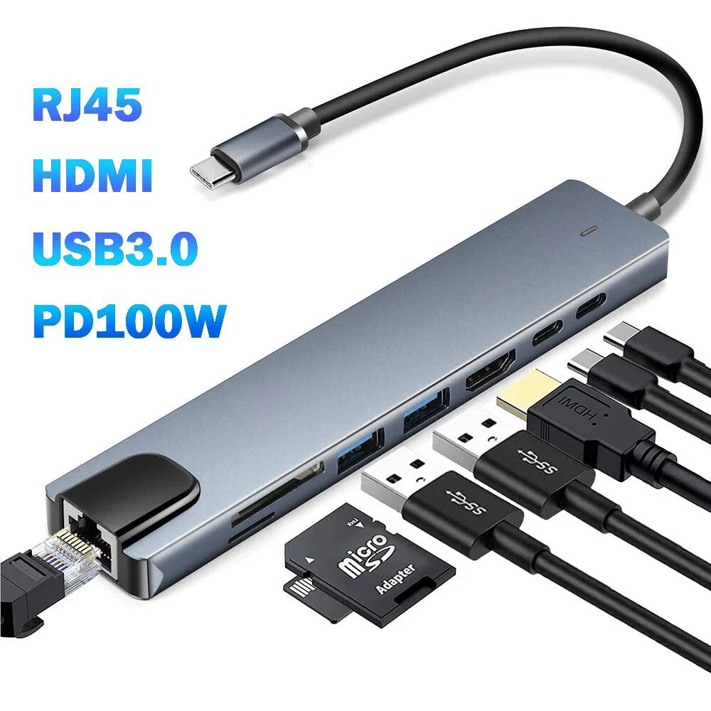 8-in-1 USB-C Hub Docking Station - 4K HDMI, RJ45, PD 100W, SD/TF