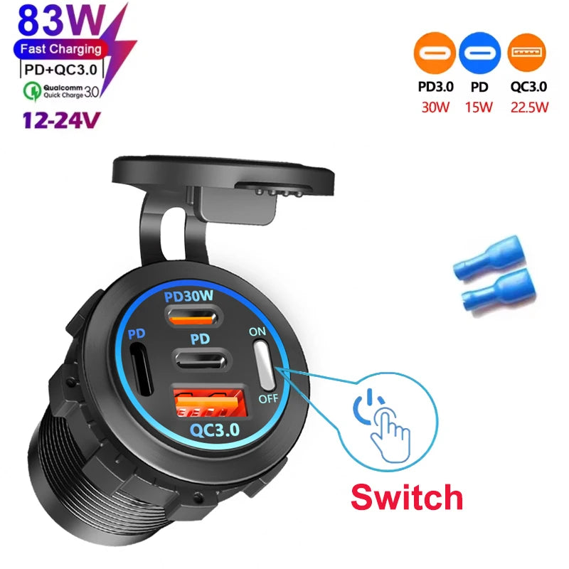 4-Port Dual PD & QC3.0 Car Charger with Voltmeter - 83W, 12V/24V